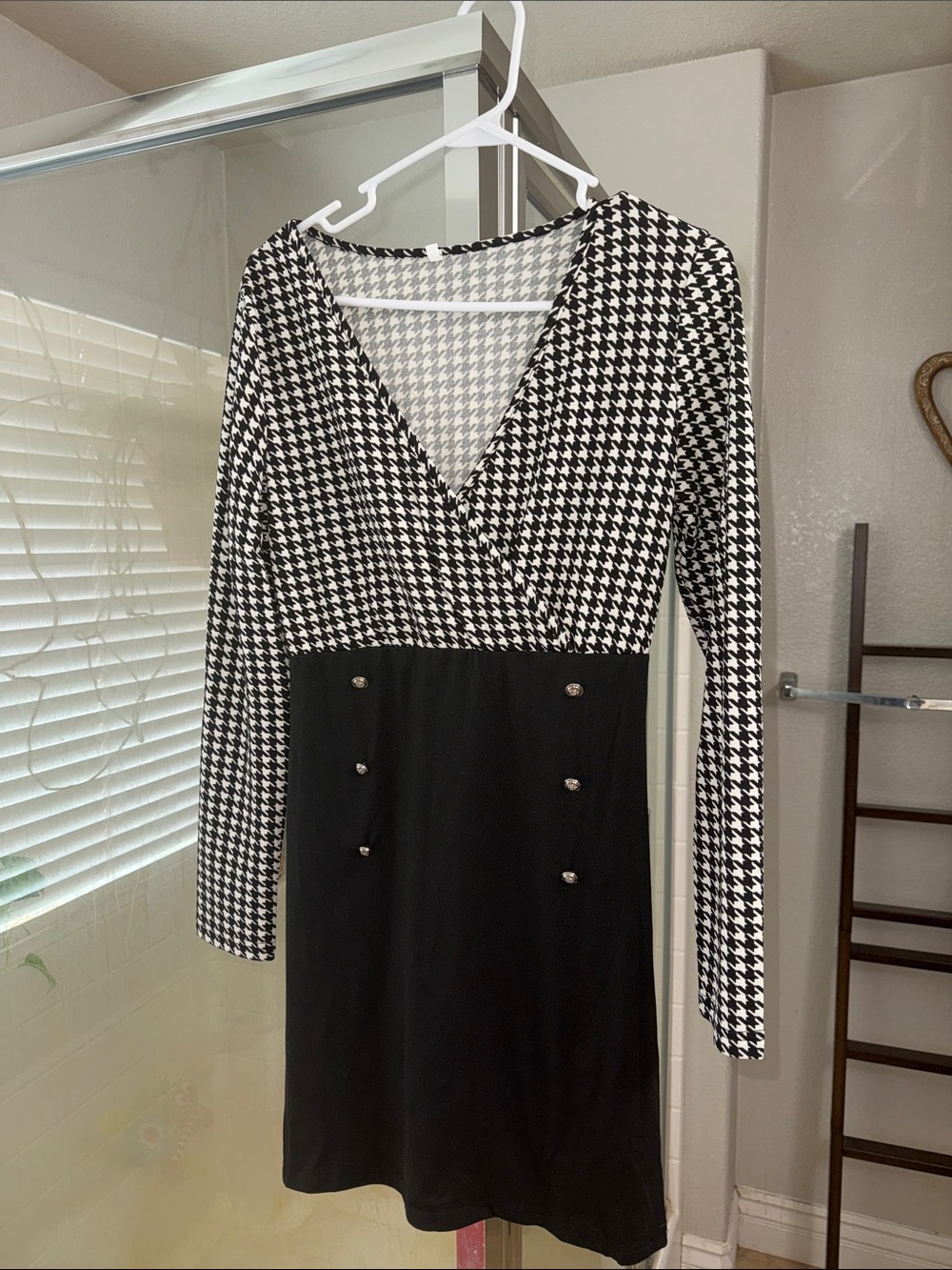 Black & White Houndstooth Midi Dress with Button Detail